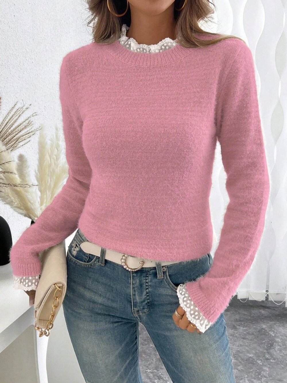 Pink Casual Women's Stand Collar Slim Fit Pullovers - Picture 5 of 6